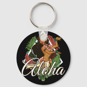 Aloha Hawaiian met Hibiscus Flowers en Leaves Sleutelhanger