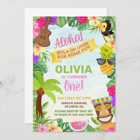 Aloha hawaiian tropisch strandmeisje op uitnodigin kaart (Voorkant / Achterkant)