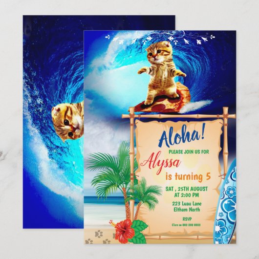 Aloha ! Invitation de surf de chat (Devant / Derrière)