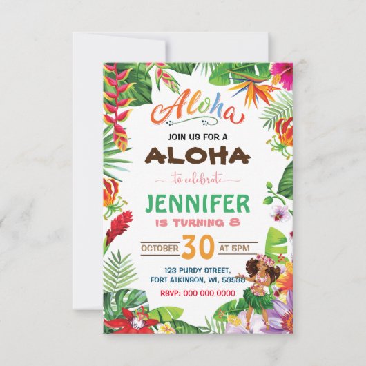 Aloha Invitation fille anniversaire (Devant)
