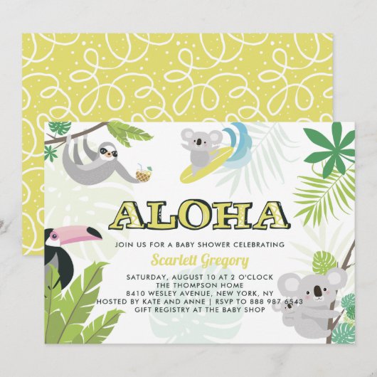 Aloha Koala Invitation au Baby shower tropical (Devant / Derrière)