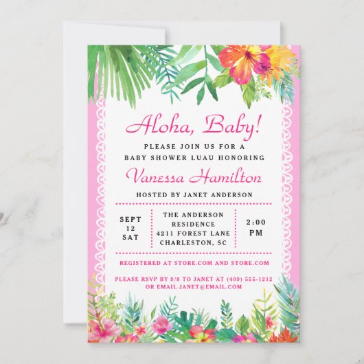 Aloha Luau Baby shower Invitation tropicale rose (Devant)