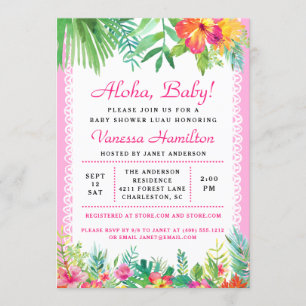 Aloha Luau Baby shower Invitation tropicale rose