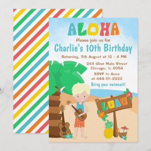 Aloha Luau Beach Birthday Blonde Hair Boy Invitati Kaart