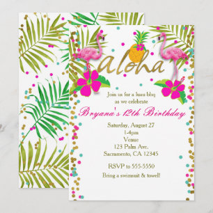 Aloha Luau Girls Tropical Flamingo Birthday Party Kaart