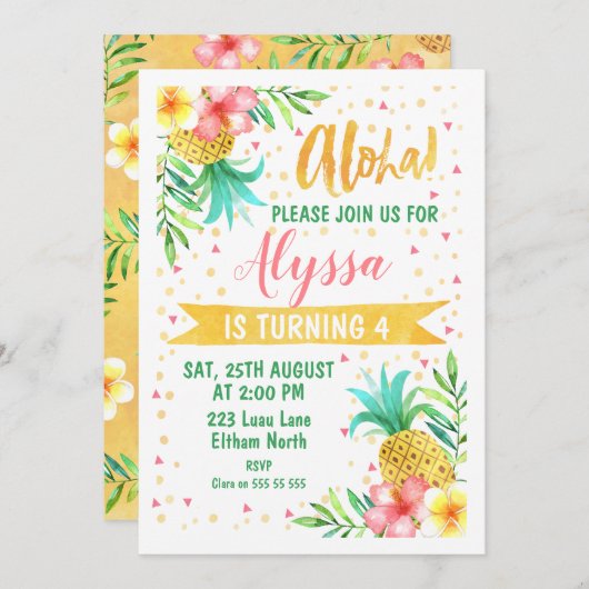 Aloha Luau Invitation Anniversaire (Devant / Derrière)