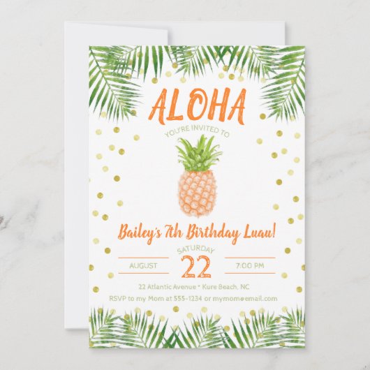 Aloha Luau Invitation Anniversaire Ananas Tropical (Devant)