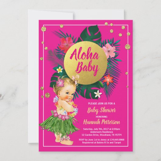 Aloha luau petite fille douche invitation rose cha (Devant)