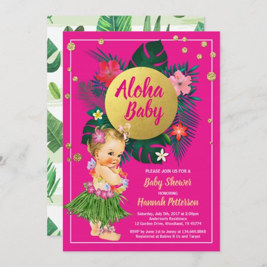 Aloha luau petite fille douche invitation rose cha (Devant / Derrière)