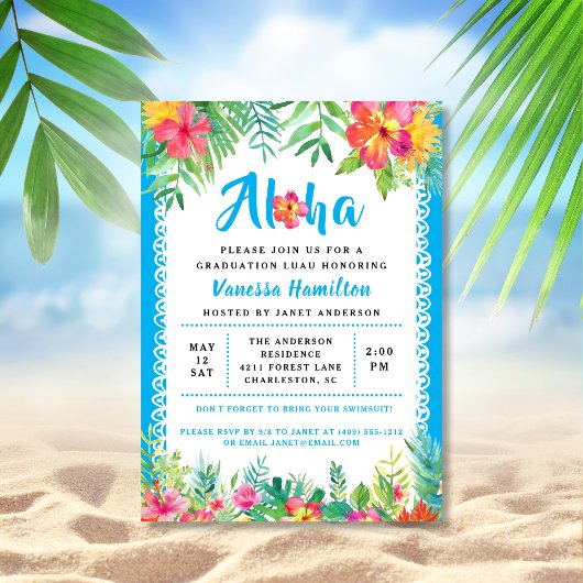 Aloha Luau Tropisch Afstuderen Blauwe Uitnodiging