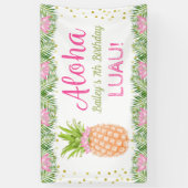 Aloha Luau Tropische ananasappel roze gouddag Spandoek (Verticaal)