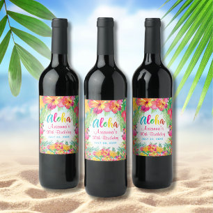 Aloha Luau Tropische Flamingo Verjaardag Wijn Etiket