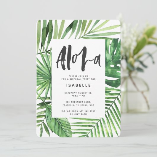 Aloha palme tropicale feuille & script invitation (Debout devant)