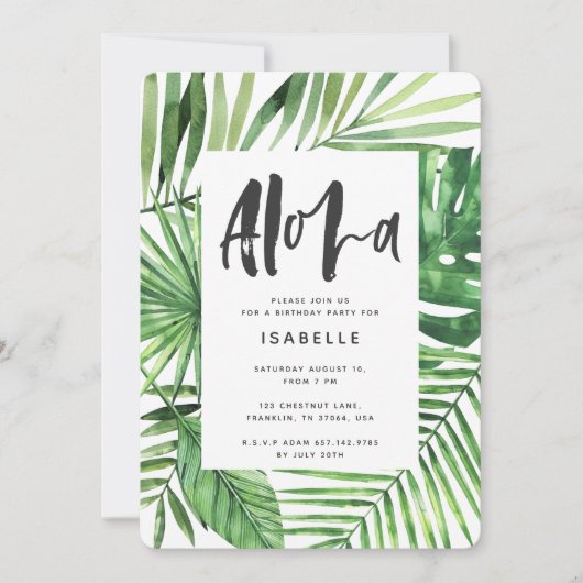 Aloha palme tropicale feuille & script invitation (Devant)