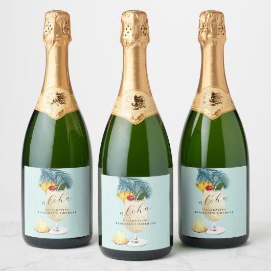 Aloha Pina Colada Green Cocktail Verjaardagsfeestj Sparkling Wijnetiket (Flessen)