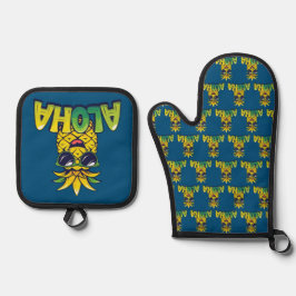 Aloha Pineapple Collectie Blauwgroen Oven Mitt & P Ovenwant & Pannenlap Set
