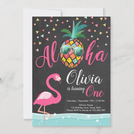 Aloha Pineapple Flamingo Birthday Invitation Pink Kaart (Voorkant)