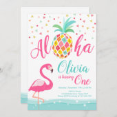 Aloha Pineapple Flamingo Verjaardag Uitnodiging Ro (Voorkant / Achterkant)