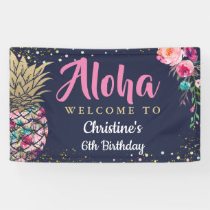 Aloha Pink Gold Pineapple Navy Blue Birthday Party Spandoek