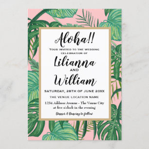 Aloha Pink Hawaiian Tropical Leaves Beach Wedding Kaart