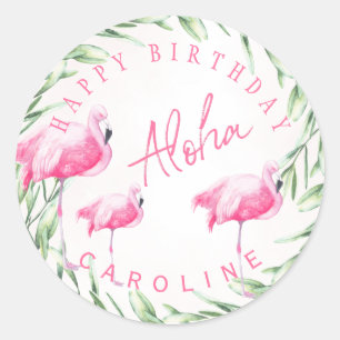 Aloha roze flamingo's tropische gelukkige verjaard ronde sticker
