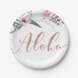 Aloha Roze Tropische Zomer Bloemige Bruiloftsdouch Papieren Bordje
