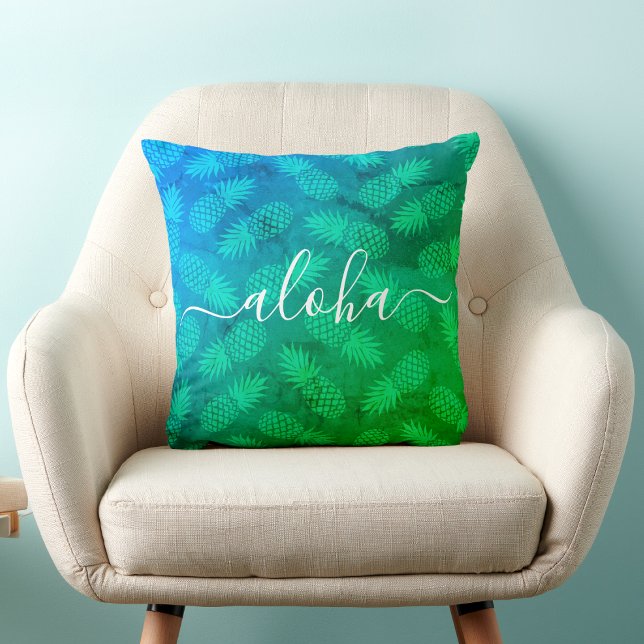 Aloha Script Blauw Groen Ananas Patroon Tropisch Kussen (Creator heeft geüpload)