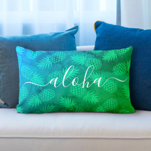 Aloha script turquoise groen ananas patroon kussen
