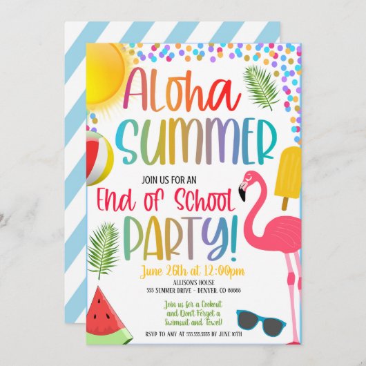 Aloha Summer End of School Pool Party Invitation (Devant / Derrière)