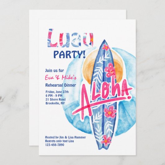 Aloha Surfboard Invitation (Devant / Derrière)
