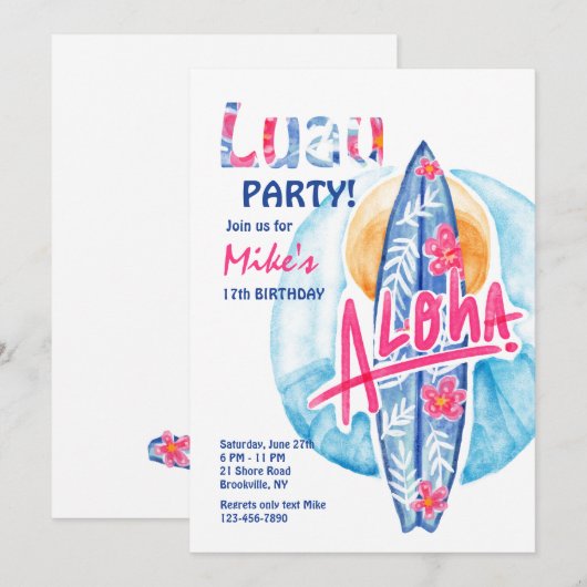 Aloha Surfboard Invitation (Devant / Derrière)