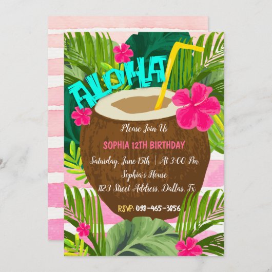 Aloha Tropical Coconut Invitation Anniversaire (Devant / Derrière)