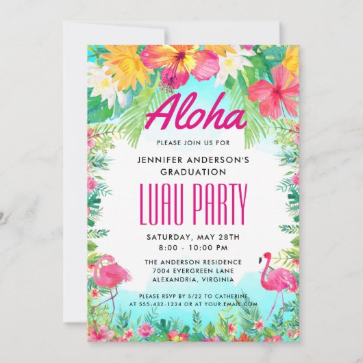 Aloha Tropical Flamingo Afstuderen Luau Party Kaart (Voorkant)