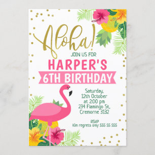 Aloha Tropical Flamingo Birthday Invitation Kaart