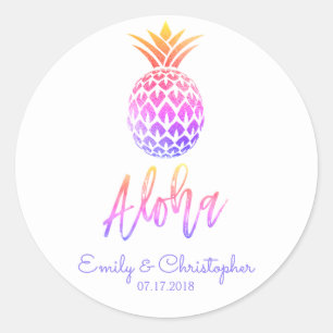 Aloha Tropical Hawaiian Pineapple Wedding Pastel Ronde Sticker