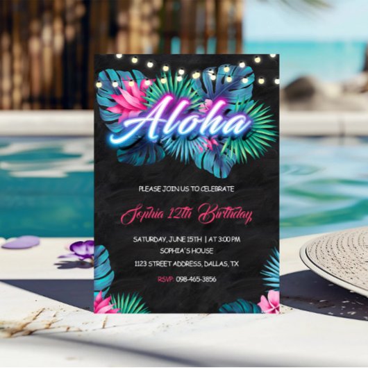 Aloha Tropical Neon Birthday Invitation Kaart