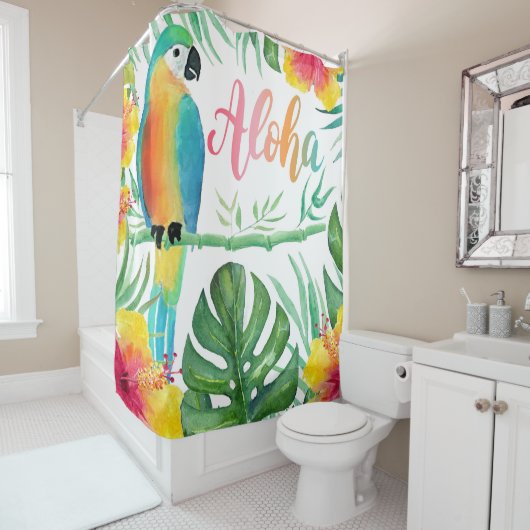 Aloha Tropical Parrot Hibiscus Palm Douche rideau (En situation)