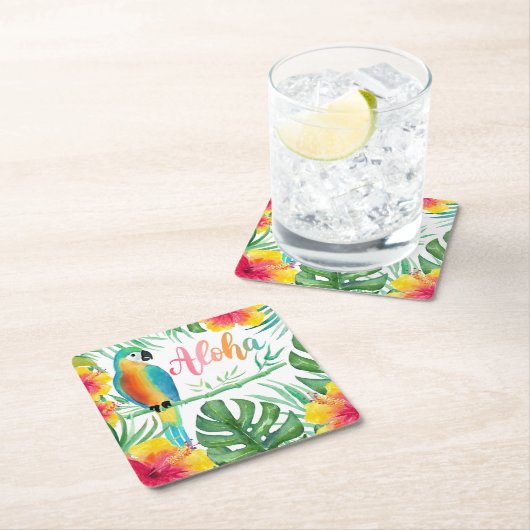 Aloha Tropical Parrot Hibiscus Palm Vierkante Kartonnen Onderzetter (Insitu)