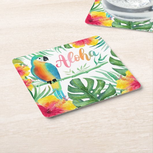Aloha Tropical Parrot Hibiscus Palm Vierkante Kartonnen Onderzetter (Schuin)