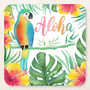 Aloha Tropical Parrot Hibiscus Palm Vierkante Kartonnen Onderzetter