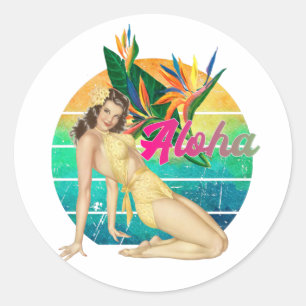 Aloha Tropical Pin-up girl retro sunset art Ronde Sticker