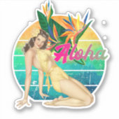 Aloha Tropical Pin-up girl retro sunset art Sticker (Voorkant)