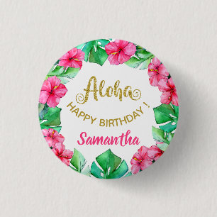 Aloha Tropical Pink Gold Hibiscus Birthday Party Ronde Button 3,2 Cm