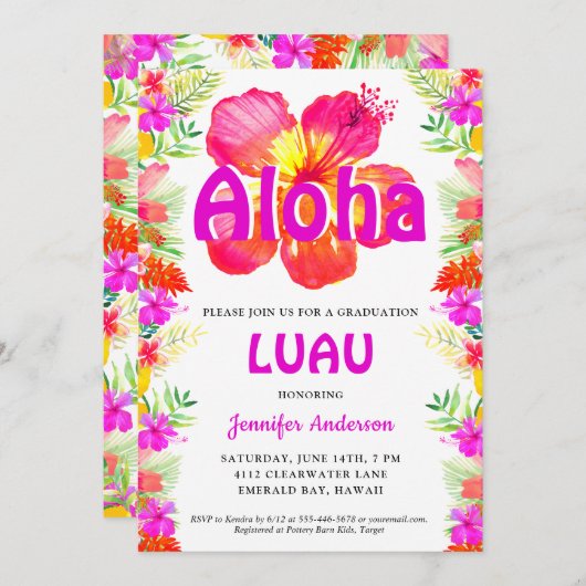Aloha Tropisch Afstuderen Luau Uitnodiging (Voorkant / Achterkant)