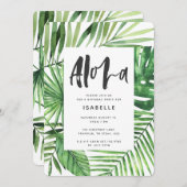 Aloha tropisch palmblad & scriptfeest, uitnodiging (Voorkant / Achterkant)