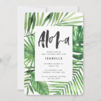 Aloha tropisch palmblad & scriptfeest, uitnodiging