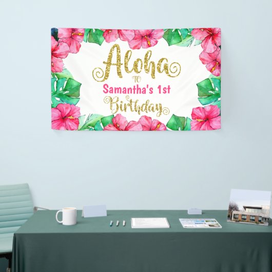 Aloha Tropisch Roze Bloemen Verjaardagsfeest Spandoek (Beurs)