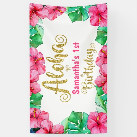 Aloha Tropisch Roze Bloemen Verjaardagsfeest Spandoek (Verticaal)