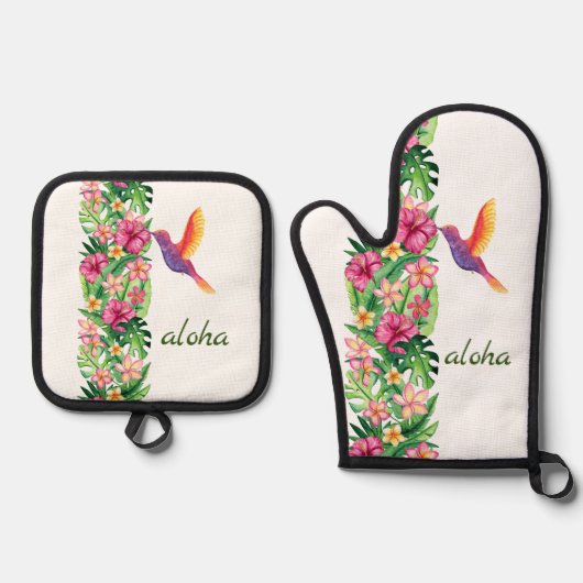 Aloha tropische bloemen & vogel ovenwant & pannenlap set (Voorkant)