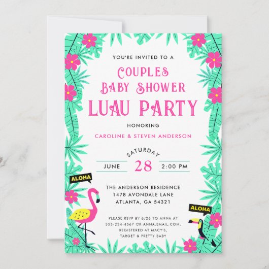 Aloha Tropische Flamingo Koppels Baby shower Luau Kaart (Voorkant)